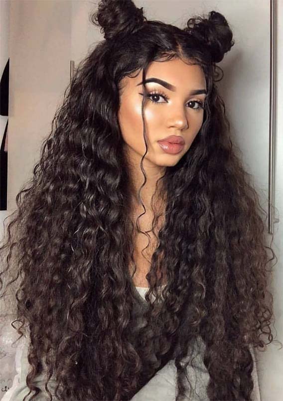 Cutest Long Curly Hairstyles With Top Knots in 2019 | Stylezco (568 x 805 Pixel)